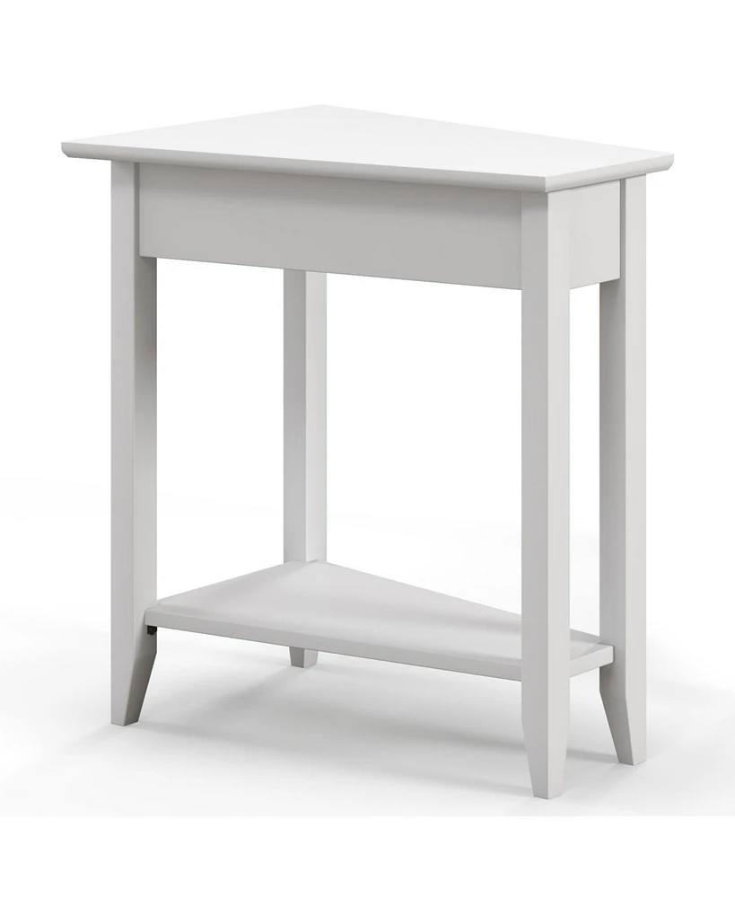 2-Tier Wedge Narrow End Table with Storage Shelf and Solid Wood Legs
