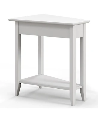 2-Tier Wedge Narrow End Table with Storage Shelf and Solid Wood Legs