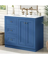 36" Blue Bathroom Vanity with Ceramic Sink and Storage