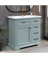 36" Bathroom Vanity with Sink, Ceramic Sink, 2 Tip-out Drawers, Soft Close Door Hinges, Grey