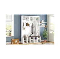 Farmhouse Hall Tree with 6 Hooks, Adjustable Shelves, Shoe Cabinet, Mudroom Storage, 76.7