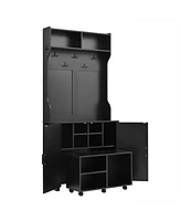 4-in-1 Farmhouse Hall Tree with Barn Doors, Movable Bench, Hooks, and Shoe Cabinet