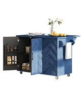 Navy Blue 51" Wave Kitchen Island with Drop Leaf and Storage