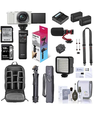 Sony Zv-E10 Mirrorless Camera with 16-50mm Lens, White Bundle with ACCVC1 Vlogger Kit, Memory Card, Backpack, 2 Battery, Charger, Tripod, Strap, Micro