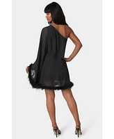 bebe Women's Feather Chiffon One Shoulder Cape Dress