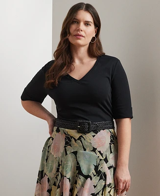 Lauren Ralph Plus Stretch Cotton Elbow-Sleeve V-Neck Tee
