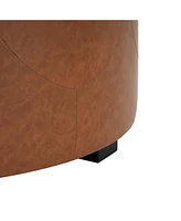 Upholstered Button Tufted Round Ottoman, Pu, Orange Brown