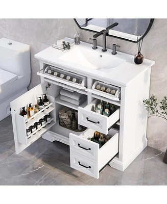 36" Bathroom Vanity with Sink, Ceramic Sink, 2 Tip-out Drawers, Soft Close Door Hinges, White