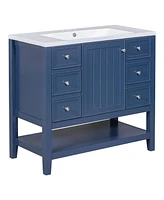 36" Bathroom Vanity with Sink Combo, One Cabinet and Three Drawers, Solid Wood and Mdf Board, Blue