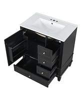 30" Bathroom Vanity with Sink, One Door with Shelf and Three Drawers, Soft Close Door, Black