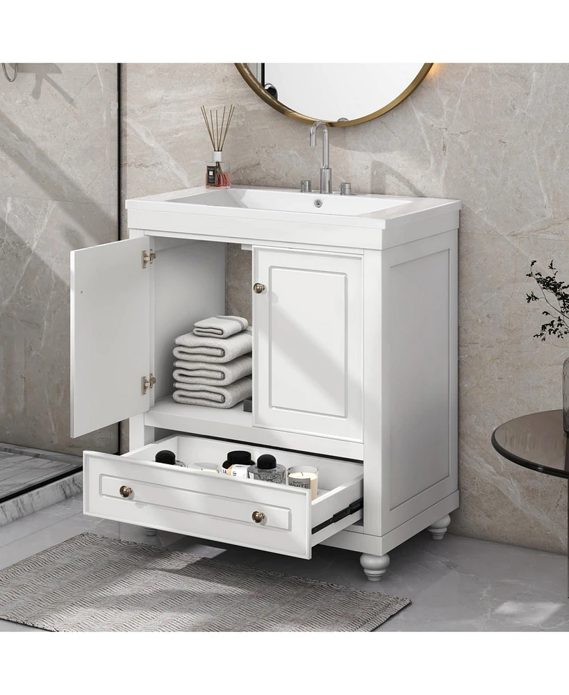 30" Bathroom Vanity with Sink, Combo, Cabinet with Doors and Drawer, Solid Frame and Mdf Board, White