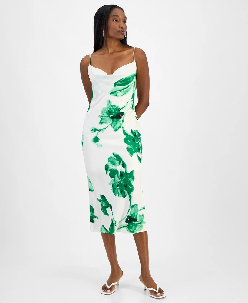 Bar Iii Women's Printed Satin Cowlneck Dress, Exclusively at Macy's