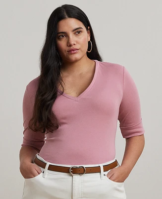 Lauren Ralph Plus Stretch Cotton Elbow-Sleeve V-Neck Tee