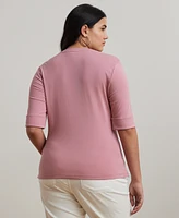 Lauren Ralph Plus Stretch Cotton Elbow-Sleeve V-Neck Tee