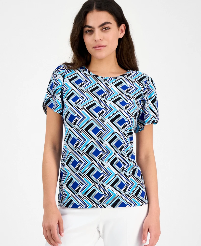 Ak Anne Klein Women's Printed Tulip-Sleeve Top