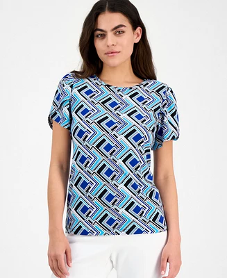 Ak Anne Klein Women's Printed Tulip-Sleeve Top