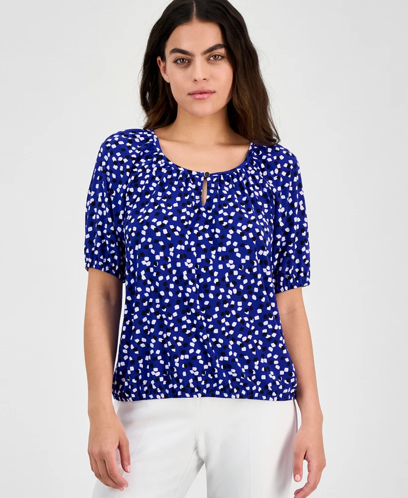 Anne Klein Women's Printed Elbow-Sleeve Keyhole Blouse