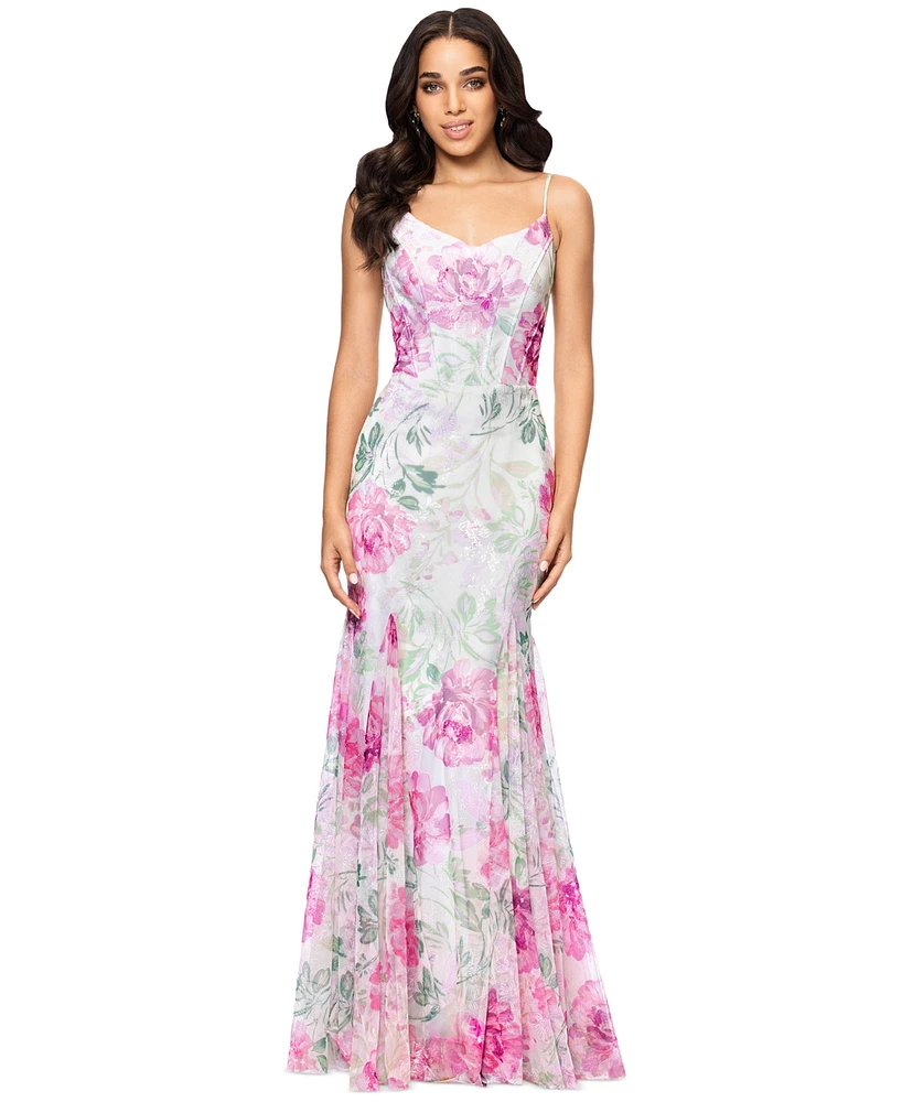 Betsy & Adam Women's Sequin Floral Print Sleeveless Gown