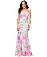 Betsy & Adam Women's Sequin Floral Print Sleeveless Gown