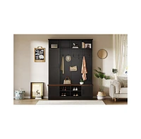 3-in-1 Hall Tree Bench with Storage, 6 Hooks, Adjustable Shelves, 55"W