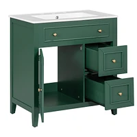 30" Green Bathroom Vanity with Sink, Door, and Drawers