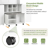 Farmhouse 4-in-1 Hall Tree with Barn Doors: Movable Bench, Hooks, Shoe Storage, & Wheels