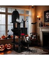 Gothic Cat Tree with 2 Cat Condos & Spooky Dangling Ball Haunted-Themed Playhouse for Indoor Cats
