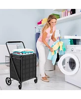 Folding Shopping Cart with Wheels, Basket & Waterproof Liner Portable & Heavy-Duty Grocery Trolley