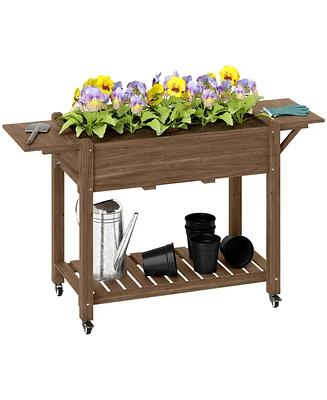 Outsunny Raised Garden Bed, Wood Planter with Liner, Natural