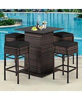 5 Pieces Patio Rattan Bar Furniture Set with Cushions and Hidden Storage Shelf For Outdoor