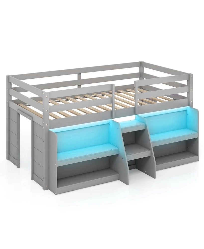 Twin Size Loft Bed with Led Lights with Staircase and Safety Guardrail