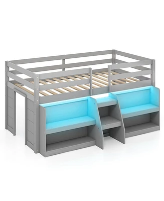Twin Size Loft Bed with Led Lights with Staircase and Safety Guardrail