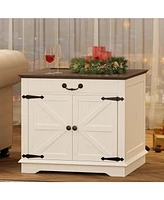 Farmhouse End Table with Charging Station, 23.6" Large Sofa Side Table with Drawer and Back Storage Shelf