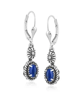 American West Jewelry Sterling Silver Lapis Gemstone Floral and Rope Design Dangle Earrings