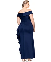 Xscape Plus Off-The-Shoulder Ruffle-Trim Scuba Gown