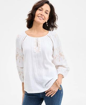 Style & Co Women's Embroidered Cotton Peasant Top, Exclusively at Macy's