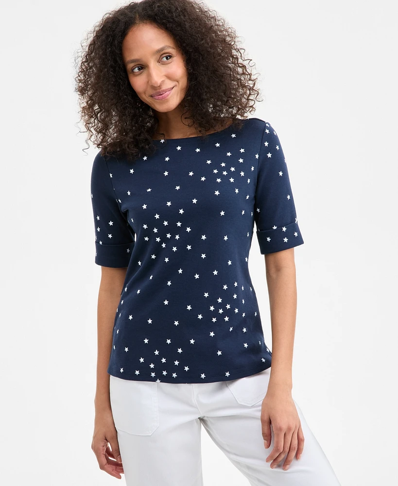 Style & Co Women's Printed Boat-Neck Elbow-Sleeve Top, Exclusively at Macy's