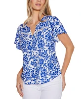 Belldini Women's Floral Printed Eyelet Short Sleeve Knit Top