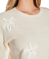 Belldini Women's 3D Floral Crewneck Trim Sweater