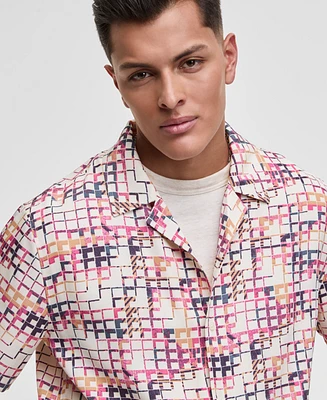 Mode of One Men's Squared Up Relaxed-Fit Geo-Print Button-Down Shiny Twill Camp Shirt, Exclusively at Macy's