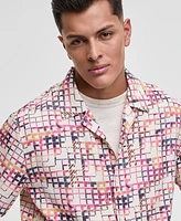 Mode of One Men's Squared Up Relaxed-Fit Geo-Print Button-Down Shiny Twill Camp Shirt, Exclusively at Macy's