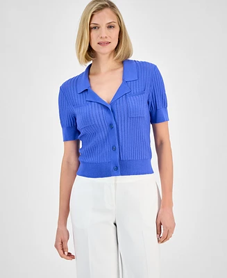 Tahari Asl Stripe-Textured Knit Button-Front Top, Regular & Petite Sizes