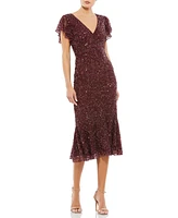 Women's Sequined V Neck Flutter Cap Sleeve Trumpet Dress