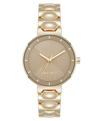 Nine West Women's Quartz Round Tan and Gold-Tone Metal Alloy Bracelet Watch, 32mm