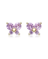 GiGiGirl Sterling Silver 14K Gold Plated with Pink Cubic Zirconia Four-Stone Butterfly Cluster Stud Earrings