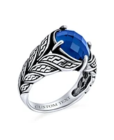Bling Jewelry Unisex Stainless Steel Oval Blue Sapphire Cz Ring Oxidized Silver