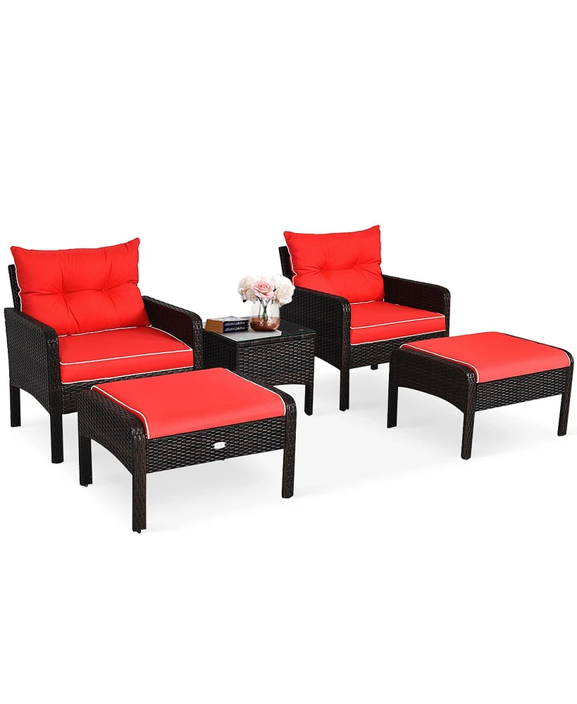 Gymax 5PCS Patio Set Sectional Rattan Wicker Furniture Set w/ Red Cushion