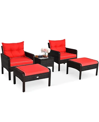 Gymax 5PCS Patio Set Sectional Rattan Wicker Furniture Set w/ Red Cushion