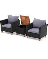 Gymax Set of 3 Rattan Furniture Set Patio Cushioned Sofa Storage Table w/ Wood Top