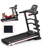 Ksports Treadmill Electric Foldable Exercise Indoor Walking Pad with Auto and Manual Incline, Sit-Up Rack or Strap, Ab Mat, and 2 Dumbbells, Black